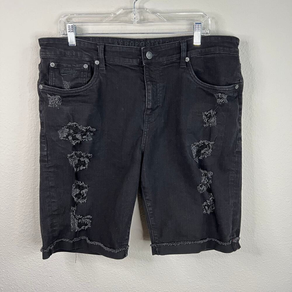 Aeropostale Black Distressed Denim Shorts Men's 36x10 Mid Rise Cuffed Stretch